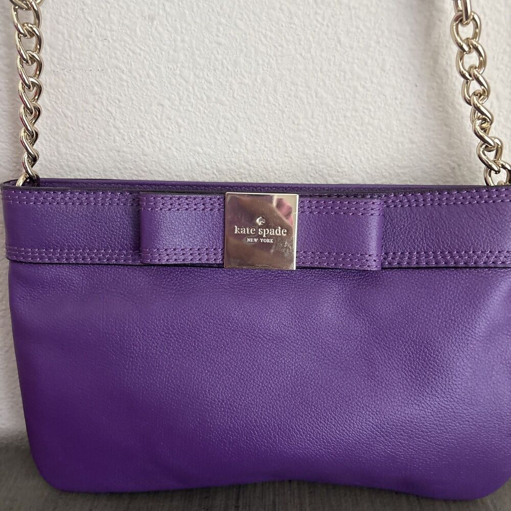 Kate Spade New York Purple Leather Bow Crossbody Bag Gold Chain Polka Dot - Picture 9 of 12